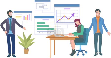 Illustration for Office workers. Vector illustration. A business person stays updated on industry trends and market conditions The office workplace fosters collaboration and knowledge sharing Teamwork promotes synergy - Royalty Free Image