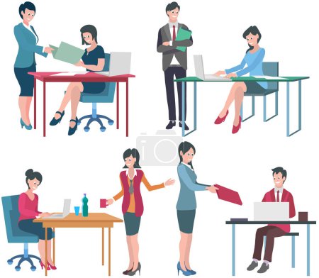 Illustration for Office workers. Vector illustration. Teamwork essential for achieving shared goals and objectives A team meeting fosters collaboration and ideexchange among colleagues Office workers communicate - Royalty Free Image