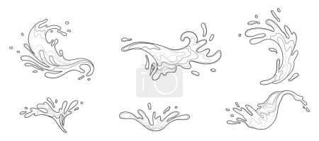 Illustration for Water and juice splash liquide. Black doodle line. Fresh juice splashed, burst of flavor expressed visually A wave shape, signature of seas endless motion A drop shape, distilled representation - Royalty Free Image