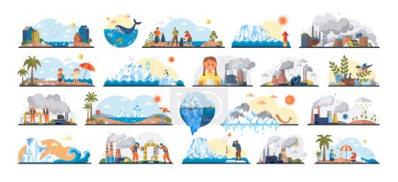 Foto de Conceptos de cambio climático y metáforas establecidas. Las botellas y los paquetes de plástico llenan el agua. El iceberg se derrite, elevando el océano y el nivel del mar. Los peces sufren de residuos plásticos. El calentamiento global. Humo de las fábricas - Imagen libre de derechos