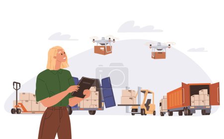 Illustration for International logistic. Global delivery export. Vector. International logistics drive backbone global trade Cargo delivery services are fundamental in business operations Export and import shipping - Royalty Free Image