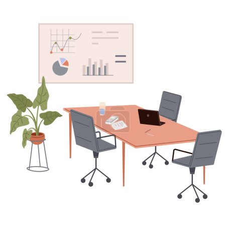 Illustration for Meeting room in business center office. Modern conference hall, preparation for formal event, corporate consultation or employee discussion. Vector flat style cartoon workplace for team brainstorming - Royalty Free Image