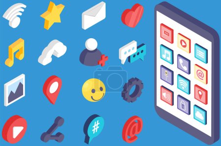 Illustration for Icons for mobile devices set. Basic gadget functions. Social media, Internet signs. Phone applications and network symbols vector illustration. Custom buttons on smartphone screen, user menu - Royalty Free Image