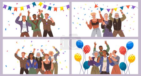 Illustration for Happy people concept. Vector illustration Happy body language communicates feeling accomplishment People in victory hug each other tightly Good teamwork friendship sets foundation united group party - Royalty Free Image