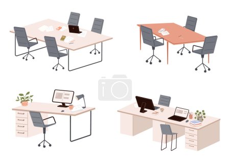 Illustration for Meeting room in business center office. Modern conference hall, preparation for formal event, corporate consultation or employee discussion. Vector flat style cartoon workplace for team brainstorming - Royalty Free Image