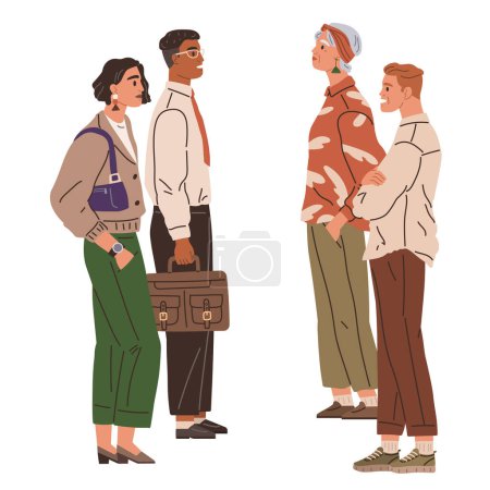Illustration for Waiting line, people queuing. Vector illustration. Standing in line csometimes lead to interesting conversations The person wait at DMV is notoriously long People make conversation - Royalty Free Image