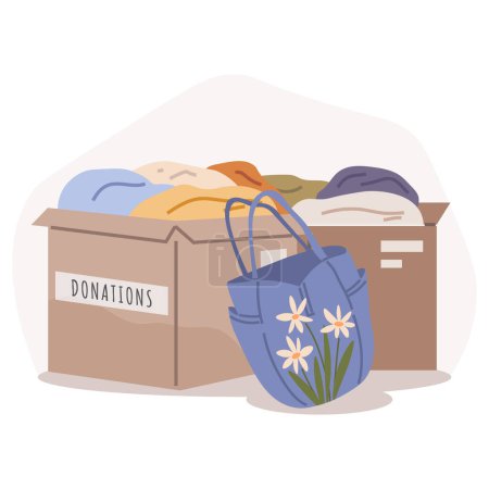 Illustration for Clothes donation. Vector illustration. The clothes donation concept emphasizes importance giving back Volunteering to collect and distribute donated clothes is noble act Unused clothing find - Royalty Free Image