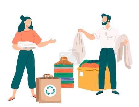 Illustration for Recycling clothes. Vector illustration. Fabric recycling reduces demand for new materials and conserves resources Reusable cloth shopping bags are eco-friendly alternative to plastic Recycling clothes - Royalty Free Image