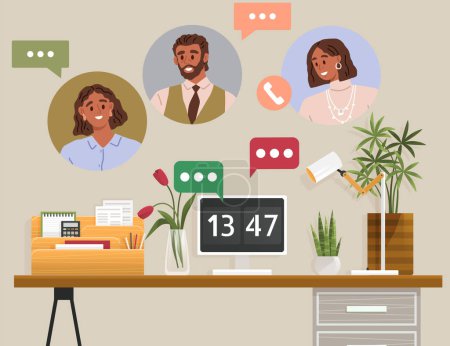 Illustration for Video conference. Vector illustration. The discussion during video conference can be as engaging as in-person meeting Conducting interviews through video conferences saves time and resources - Royalty Free Image