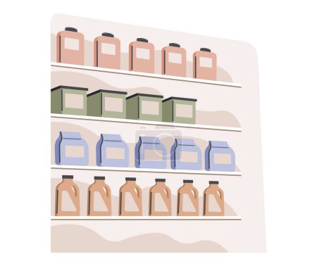 Illustration for Plastic detergent bottles on store shelves Household chemicals containers plastic bottle pack, cleaning housework liquid domestic fluid cleaner in supermarket. Industrial chemicals different bottles - Royalty Free Image
