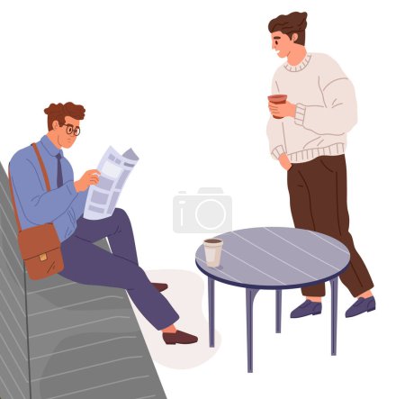 Ilustración de Grupo de personas en la sala de espera. Descansa en expectativa. Hombre sentado en el sofá con el periódico, bebiendo café. Interior de casa u hotel. Personas en el hospital o en la lavandería pública, los visitantes se comunican - Imagen libre de derechos