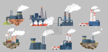 Illustration for Contamination of air with smoke by factory, plants and industries. Pipes making smog, waste pollution and harm for nature. Atmosphere gas emissions, chemical substances, damage to environment - Royalty Free Image