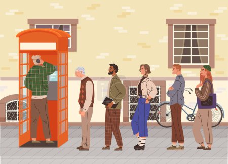 Illustration for People queuing at red payphone city street. Diverse characters standing in queue side view. Vector illustration of multiracial group, girl, elder man and woman, student and businessman waiting in line - Royalty Free Image