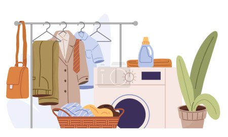 Illustration for Laundry. Vector illustration. Laundromats offer communal laundry facilities Drying clothes on hangers reduces wrinkles The laundry metaphor inspires personal growth Cleaning heavily soiled clothes - Royalty Free Image