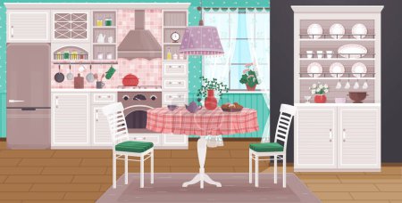 Illustration for Kitchen vector illustration. Living spaces flourish when kitchen is harmonious blend style and utility Cookware and utensils, well-organized, turn kitchen into culinary masterpiece The kitchen - Royalty Free Image