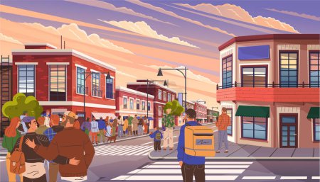 Illustration for Big queue at public transport stop, long line at store. Delivery man with big box standing on city street. Group of people in queue chatted amongst themselves, waiting for an event or occasion - Royalty Free Image