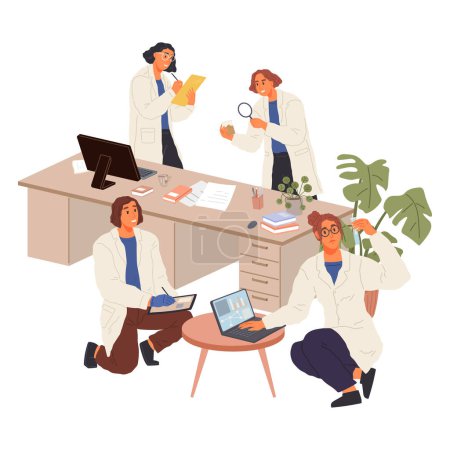 Illustration for Professional scientists, doctors and chemical researchers working and analysis in laboratory experiment. Medical office, research, biological molecular testing concept. Healthcare and technologies - Royalty Free Image