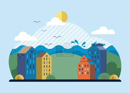 Illustration for Clean city vector illustration. Ecology and principles of sustainable living are at heart of clean city The city adopts eco-friendly practices minimize its carbon footprint and environmental impact - Royalty Free Image