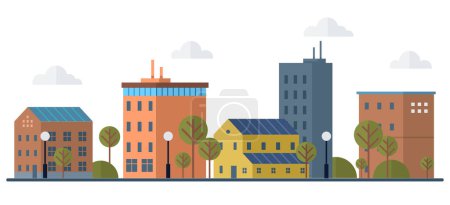 Illustration for Clean city vector illustration. It prioritizes renewable energy sources, promotes energy efficiency, and reduces greenhouse gas emissions By embracing green technology and sustainable infrastructure - Royalty Free Image