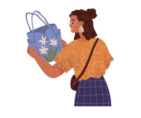 Illustration for Young woman chooses bag in store. Girl holds summer bag in her hands standing isolated on white. Clothing care concept, womens wardrobe items and accessories. Ladys garment, elegance handbag - Royalty Free Image