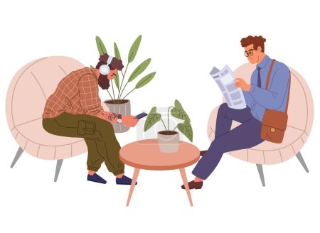 Illustration for Group of people in waiting hall. Rest in expectation. Man sitting on couch with newspaper, drinking coffee. Interior of house or hotel. People in hospital or at public laundry, visitors communicate - Royalty Free Image