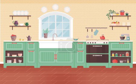 Téléchargez les illustrations : Illustration vectorielle intérieure de cuisine. Un intérieur de cuisine confortable devient espace pour la créativité culinaire et l'unité familiale Décorez votre salle à manger avec des meubles accueillants pour un environnement familial chaleureux - en licence libre de droit
