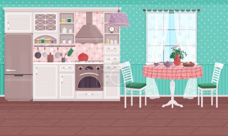 Illustration for Kitchen interior vector illustration. A cosy kitchen interior concept transforms cooking into delightful experience Comfy and stylish furniture in kitchen enhances warmth family meals Homely decor - Royalty Free Image