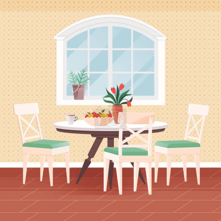 Illustration for Kitchen interior vector illustration. Cooking and dining blend seamlessly in well-decorated kitchen and dining room Comfy and stylish furniture in kitchen creates welcoming dining atmosphere - Royalty Free Image