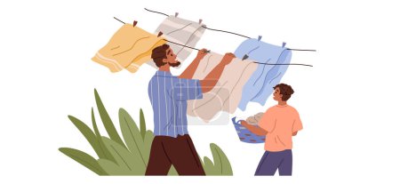 Illustration for Man hanging out wet clothes. Clothing and garment care concept. Guy drying, washing, laundrying. Male character holding clothes pin vector illustration. Time for professional cleaning of apparel - Royalty Free Image