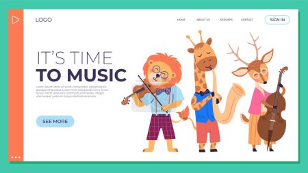 Illustration for Animal party vector illustration. Celebrate with banquet happy beasts, turning forest into festive paradise colors joy. Its time to music, lion plays violin, giraffe plays saxophone, deer plays cello - Royalty Free Image