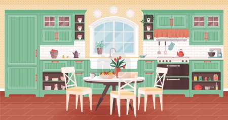 Illustration for Kitchen interior vector illustration. The domestic kitchen, adorned with stylish decor, becomes heart home Comfy dining room furniture complements warm atmosphere kitchen Homely decor in kitchen turns - Royalty Free Image