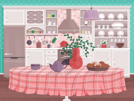 Illustration for Kitchen interior vector illustration. Stylish decoration and cookware turn domestic kitchen into culinary haven A comfy kitchen interior concept fosters warm atmosphere for family gatherings - Royalty Free Image