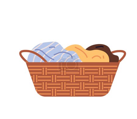 Illustration for Washed wet laundry in basket. Dirty clothes, apparel heap. Pile of cotton clothing, laundry. Clothing and garment care, housekeeping concept. Basket with dirty textile, fabric or napkin for washing - Royalty Free Image