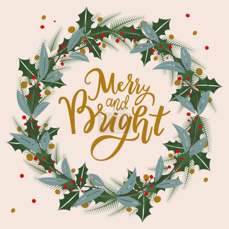 Illustration for This illustration beautifully presents a Merry and Bright script encircled by a festive wreath adorned with holly, pine branches, and red berries, set against a light background - Royalty Free Image