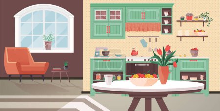 Illustration for Kitchen interior vector illustration. Comfy and stylish furniture in kitchen creates welcoming dining atmosphere Decorate your dining room with cosy furniture for delightful family experience - Royalty Free Image