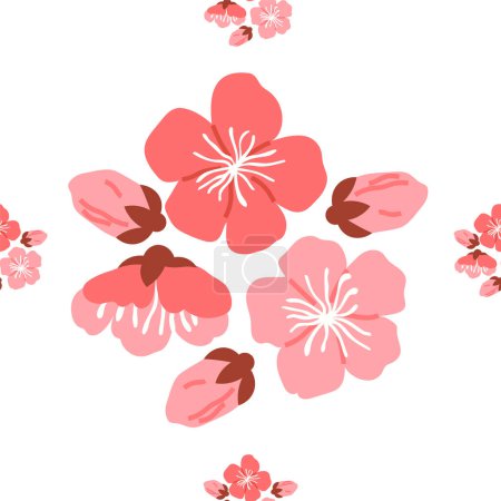 Téléchargez les illustrations : Illustration vectorielle de motif Sakura. La floraison continue des fleurs de sakura représentait la vie du cycle éternel, la mort et la renaissance Le concept de motif sakura sans couture célébré entrelacé nature - en licence libre de droit