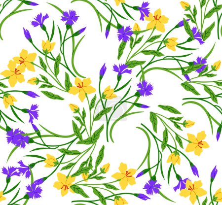 Illustration for Flower pattern vector illustration. The flowering plants in garden created bloomy and colorful oasis The blossoming flowers symbolized arrival spring The repetitive flower pattern on dress added sense - Royalty Free Image