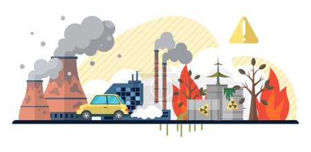Illustration for Waste pollution vector illustration. Landfills filled with garbage contribute to emission greenhouse gases, exacerbating climate change Zero waste initiatives play crucial role in minimizing waste - Royalty Free Image