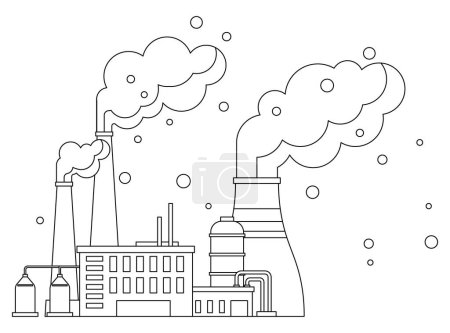 Factories vector illustration. Factory buildings, sentinels progress, stand tall against backdrop industrial landscape Air pollution, haunting melody progress, reverberates through atmosphere