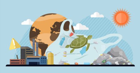 Illustration for Waste pollution vector illustration. Ecology plays vital role in maintaining balanced and healthy environment Environmental conservation is essential for tackling waste pollution and preserving - Royalty Free Image