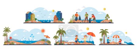Waste pollution vector illustration. Environmental conservation is key to combating plastic pollution and preserving marine life Climate change and waste pollution are interconnected issues require