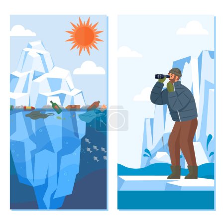 Téléchargez les illustrations : Illustration vectorielle des glaciers. Les paysages antarctiques, avec leur beauté glaciaire, inspirent la révérence Les floes glacés et les étendues gelées définissent les régions polaires à forte allure Les glaciers incarnent métaphoriquement l'essence - en licence libre de droit