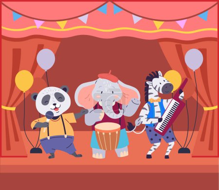 Illustration for Animal music vector illustration. Join orchestra creatures as they perform lively melody in zoo music band turns zoo into celebration. Zebra plays electric piano, elephant plays drums, panda sings - Royalty Free Image