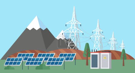 Illustration for Photovoltaic vector illustration. Renewable energy sources offer alternative to fossil fuels and promote sustainability Photovoltaic technology enables efficient conversion sunlight into usable - Royalty Free Image