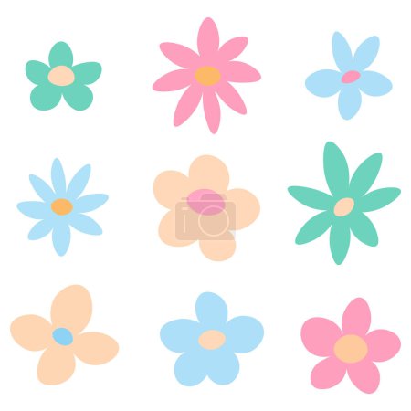 Téléchargez les illustrations : Un ensemble d'illustrations vectorielles avec neuf fleurs simplistes aux couleurs pastel douces, chaque fleur présentant une combinaison unique de pétales et de teintes gaies - en licence libre de droit