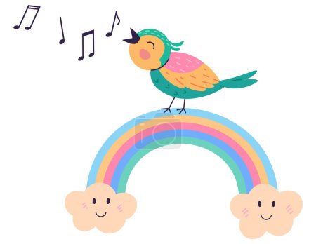Téléchargez les photos : Illustration vectorielle de musique animale. Les animaux heureux créent une atmosphère festive, transformant le zoo en événement animé avec un groupe de musique joyeux alors qu'ils interprètent une mélodie joyeuse au zoo. Un oiseau chante sur un arc-en-ciel - en image libre de droit