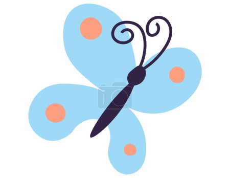 Illustration for Playful illustration of a whimsical blue butterfly, featuring delightful orange spots on its wings and decorative curly antennae, set against a light backdrop - Royalty Free Image