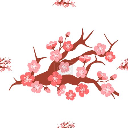 Ilustración de Sakura patrón de ilustración vectorial. El concepto de patrón de sakura sin costuras explora la interacción entre la naturaleza y las emociones humanas. Los elementos decorativos incorporaron motivos de sakura repetitivos, infundiendo - Imagen libre de derechos
