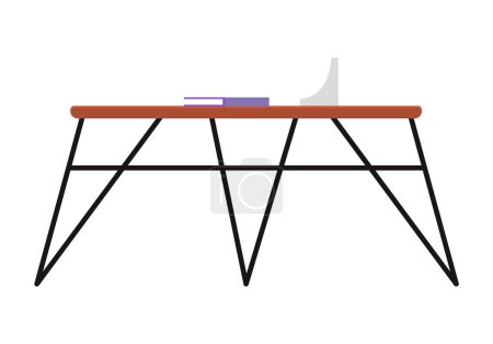 Tisch, klassische Möbel für Küche oder Wohnzimmer. Wohnliches Interieur, moderner Schreibtisch mit Buch und Vase. Holztischplatte mit Metallbeinen isoliert auf weißem Hintergrund für Interieurs im Cartoon-Stil