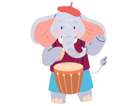 Téléchargez les illustrations : Illustration vectorielle de musique animale. Le festival de musique animale magique transforme le zoo en royaume du bonheur Les créatures de l'orchestre remplissent l'air d'une célébration harmonieuse de la mélodie. Elephant joue du tambour - en licence libre de droit